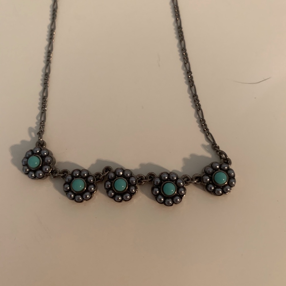 Silver necklace with turquoise flowers - Picture 2 of 2